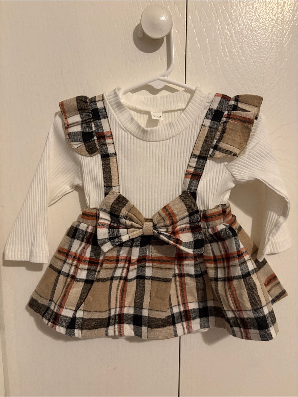 Plaid Bow Suspender Dress with White Ribbed Top - Beige Plaid